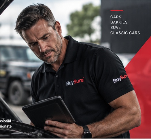 BuySure vehicle inspector examining a vehicle with a tablet
